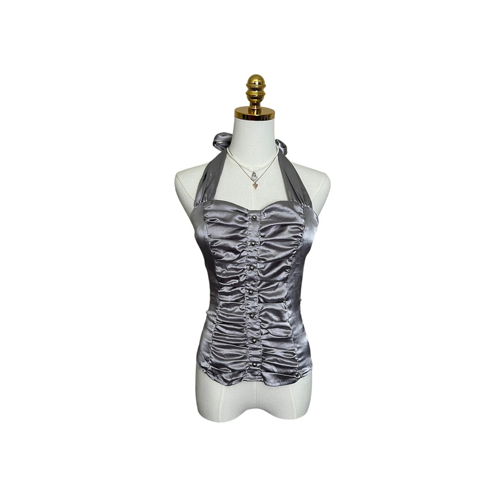 Silver Satin Ruched Halter Top Smocked Back‎ Y2K Grey Party Blouse